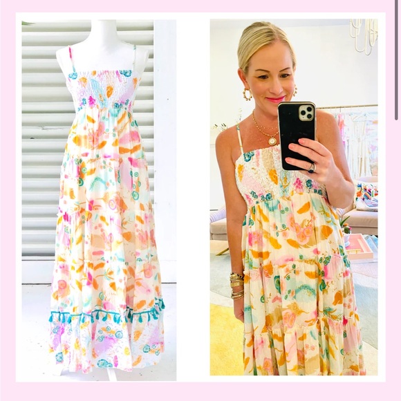 Gypsy Queen multi color maxi dress, tassel trim, smocked top, Small/Medium - Picture 4 of 9